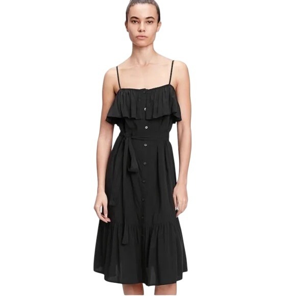 Gap Button Front Ruffle Cami True Black Sleeveless‎ Midi Dress No Belt - S NWT - Picture 2 of 16
